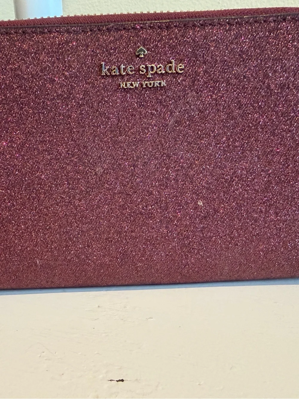 Kate Spade New York Glitter Zip Around Continental Wallet Burgundy Plum Gold